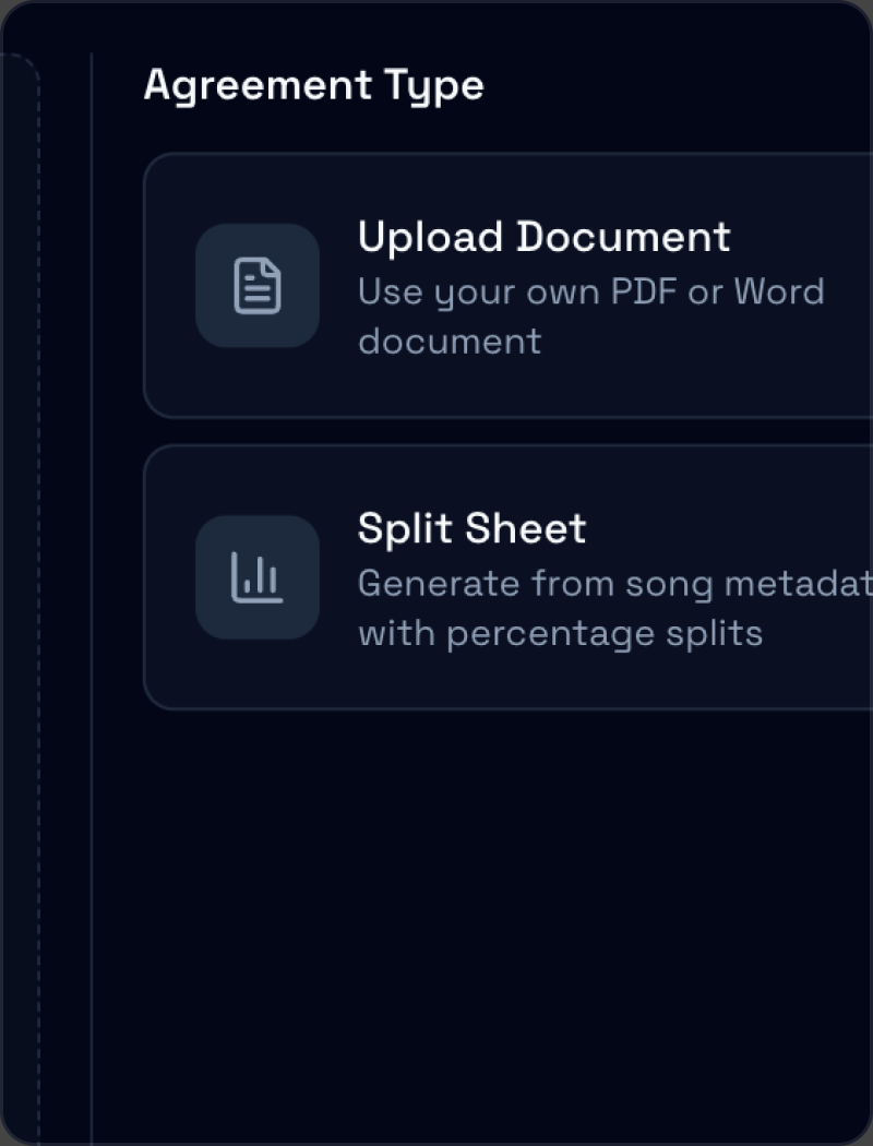 The Vandall Business Create Agreement dialog: upload your own document, or generate a split sheet