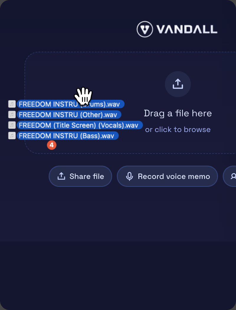 The Vandall Share file dialog with stem files queued to send, and Share file and Record voice memo actions below
